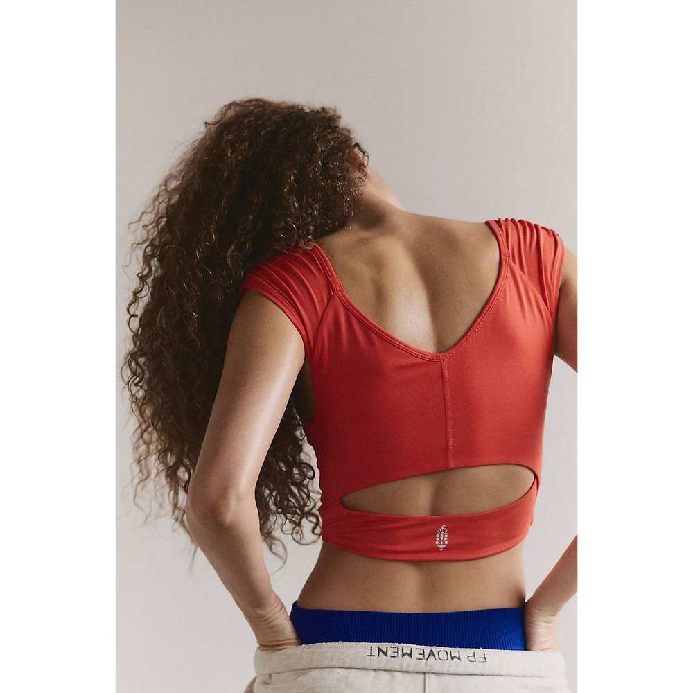 Free People Movement Fired Up‎ Crop Top Bright Orange Ruched V-Neck OB1365794 L